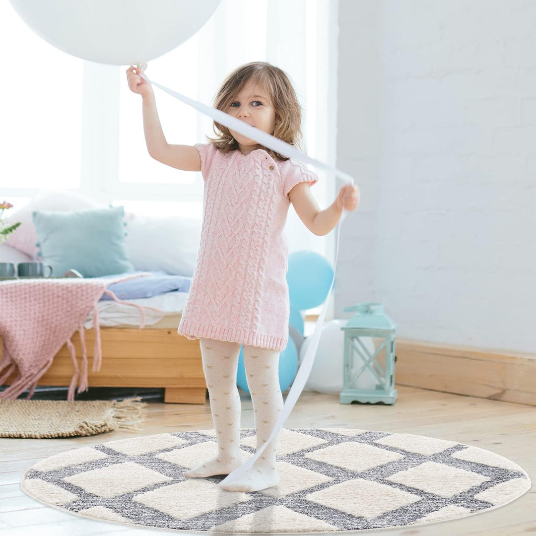 payé Teppich Rund - Skandinavisch Hochflor- 200x200cm - Boho - Pastell Cream Grau - Modern Raute Mus