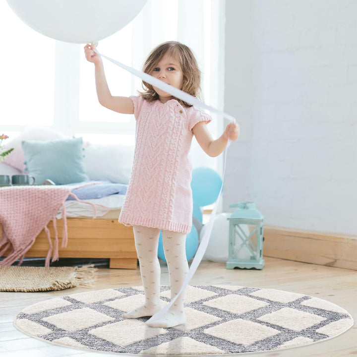 payé Teppich Rund - Skandinavisch Hochflor- 200x200cm - Boho - Pastell Cream Grau - Modern Raute Mus