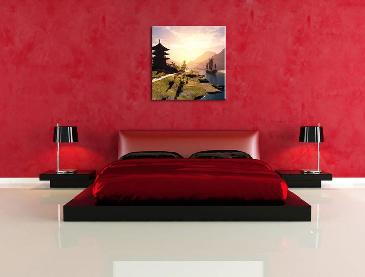 Pixxprint asiatischer Tempel an Fluss als Leinwandbild | Grösse: 70x70 cm | Wandbild | Kunstdruck |