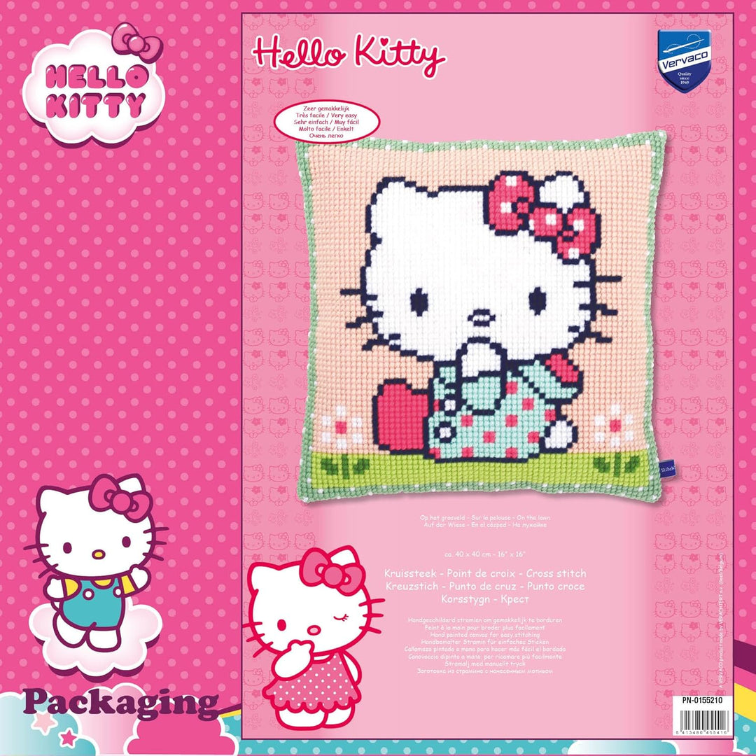 Vervaco Wiese Kreuzstichkissen/Stickkissen vorgedruckt, Baumwolle, Hello Kitty: On The Lawn, 40 x 40