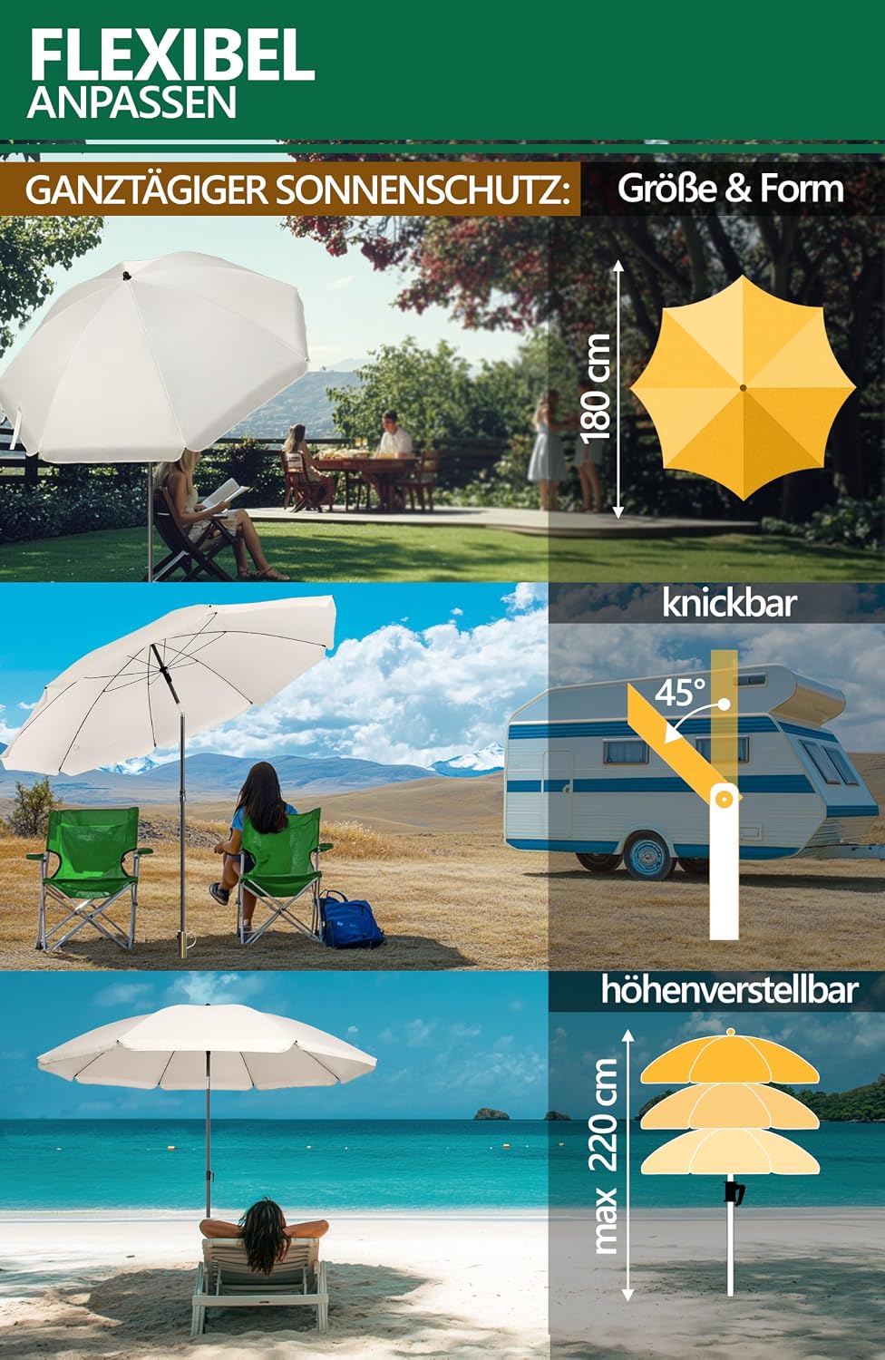 4smile Sonnenschirm Strand SunnyJoy Modern im 3er-Set, Beige - Strandschirm windfest stabil 180 cm +