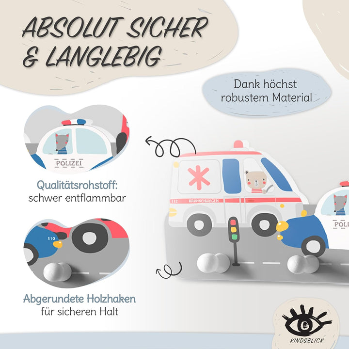 Rettungsautos Kindergarderobe in Bunt inkl. niedlichem A4 Poster - Kinder Garderobe Deko mit 4 Haken