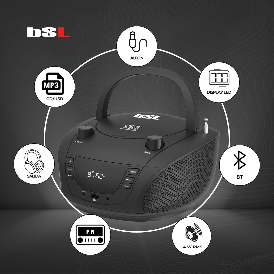 Boombox Tragbares CD-Radio mit Bluetooth BSL JL-2031A, mit 4 W RMS-Leistung, FM-Radio und USB-Anschl
