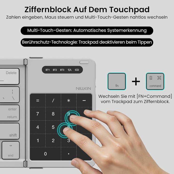 Nillkin Faltbare Reise-Tastatur mit Touchpad und Zahlenblock, drahtlose Bluetooth-Portabel-Falt-Tast