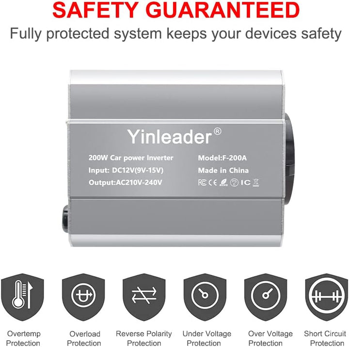 Yinleader 200W 12V auf 230V Wechselrichter 1 EU-Steckdosen 2 USB Auto -Konverter Kfz-Spannungswandle