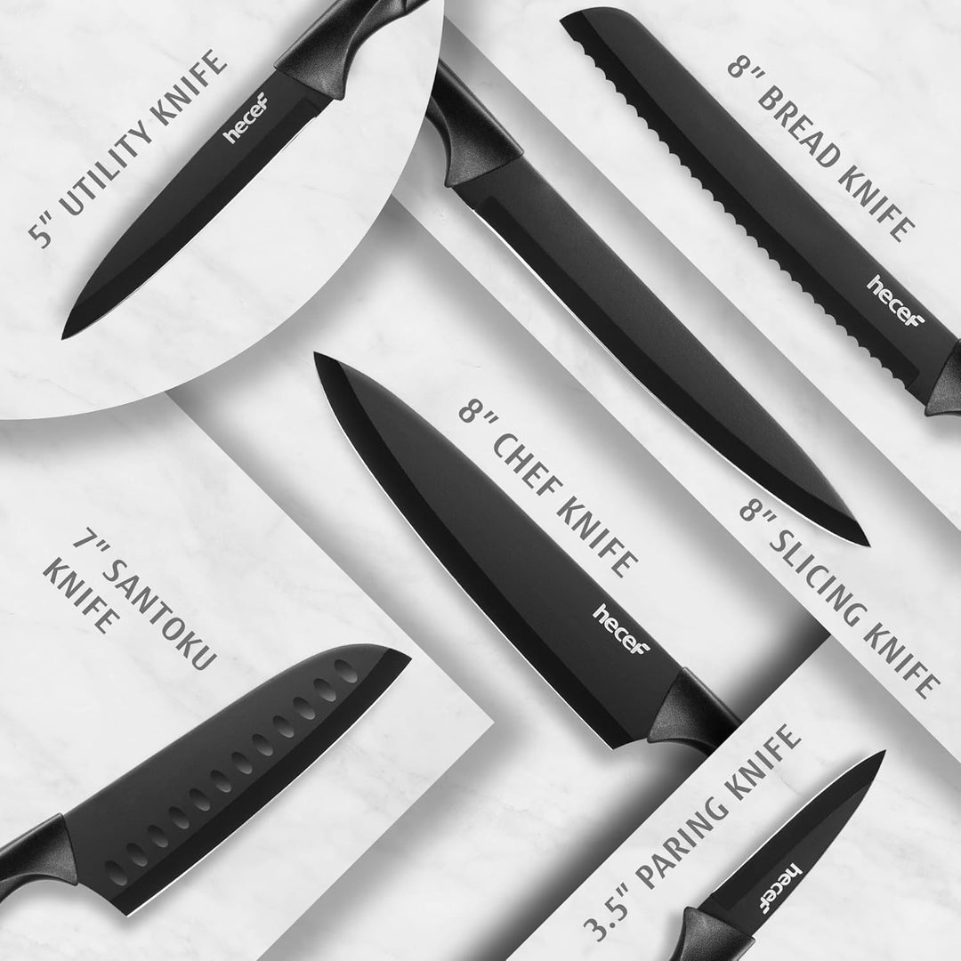 hecef Messerset Schwarz, Küchenmesser Set mit Antihaftbeschichtung, ergonomischer Griff, spülmaschin