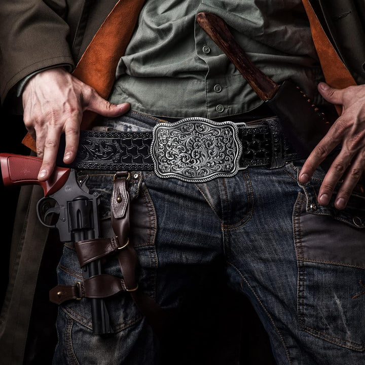 Xuniea Herren-Cowboy-Western-Lederschnalle, graviert, florale Schnalle, Vintage, geprägt, 3,8 cm bre