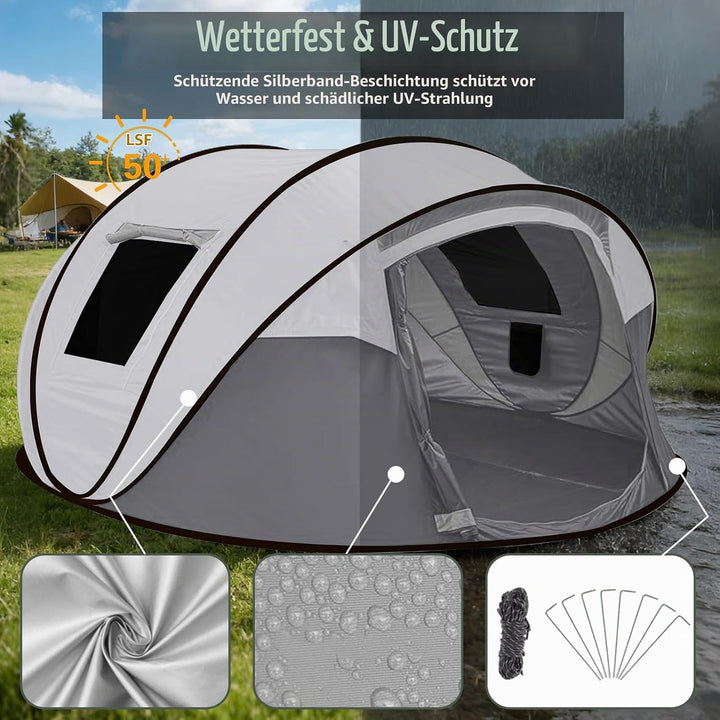 Camping Zelt, Pop Up Zelt 4-5 Personen, Automatisches Aufstellzelt in 3 Sekunden, Wurfzelte Wasserdi