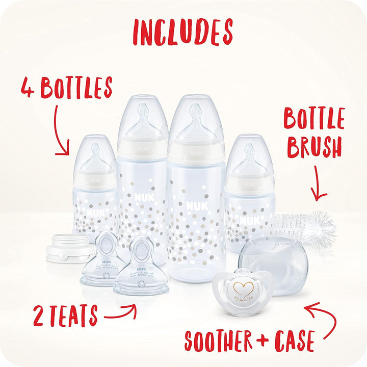 NUK Perfect Start First Choice+ Baby Bottles Set, 0-18 Months, 4 Temperature Control Bottles, Dummy,