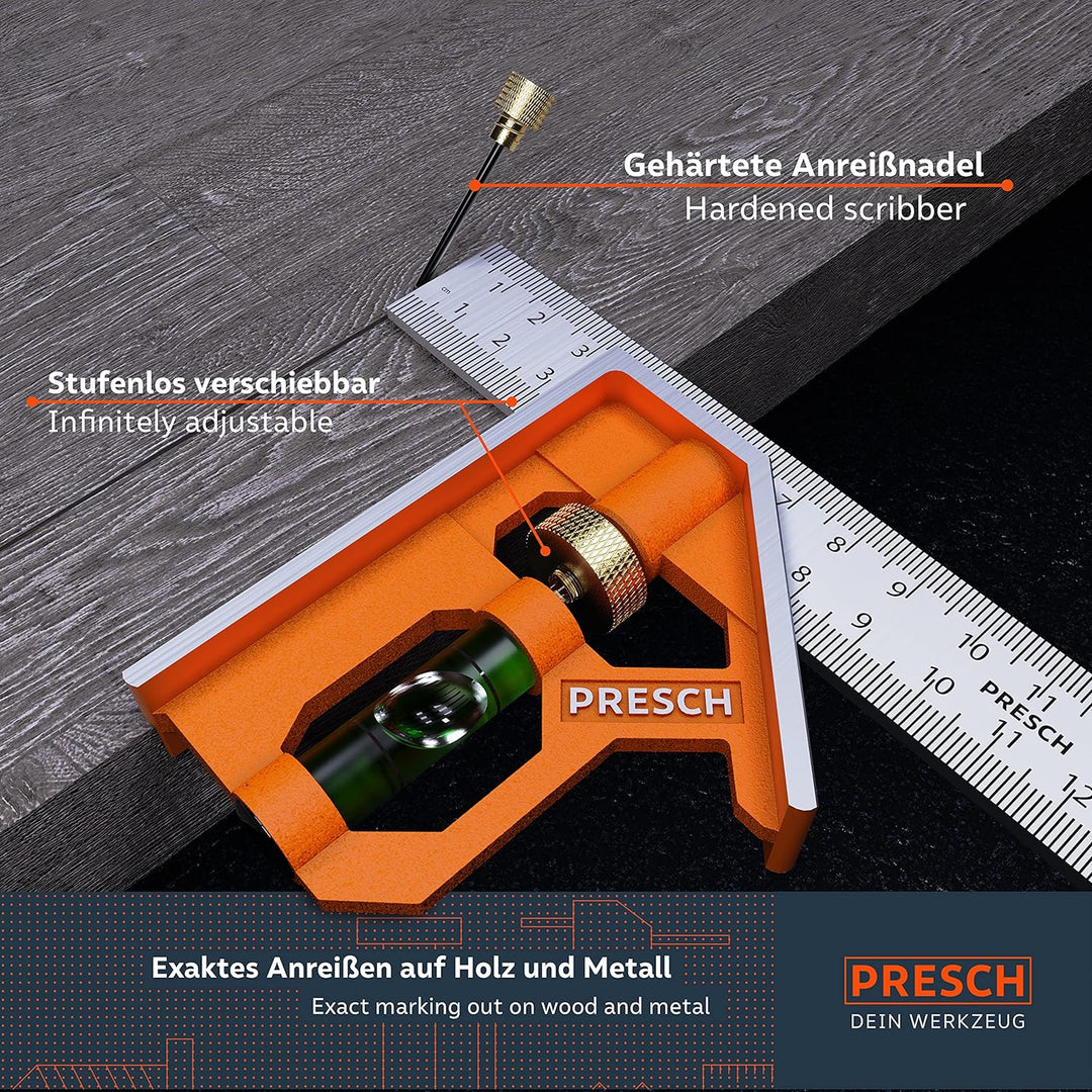 Presch Kombinationswinkel 150mm - Präziser, handlicher Universalwinkel aus Metall mit Linealanschlag