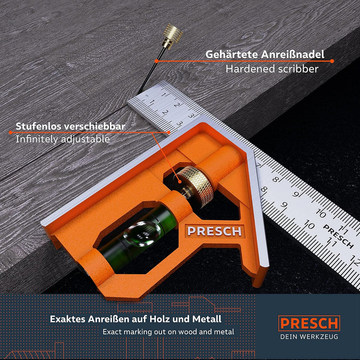 Presch Kombinationswinkel 150mm - Präziser, handlicher Universalwinkel aus Metall mit Linealanschlag