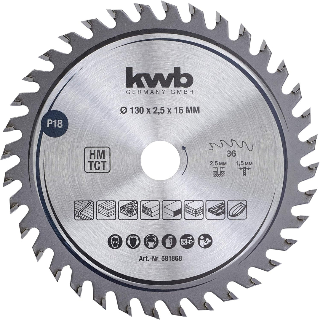 kwb Kreissägeblatt 130 x 16 mm, sehr feiner Schnitt, Sägeblatt geeignet für Arbeitsplatten, Holz und
