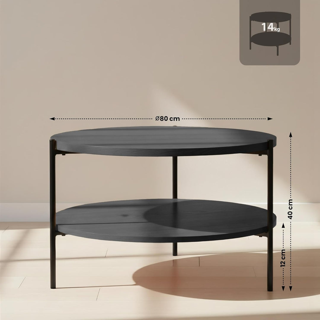 CLP Couchtisch rund Holz Edduma, Sofatisch 2 Ebenen mit Stauraum, Beistelltisch klein Metallgestell