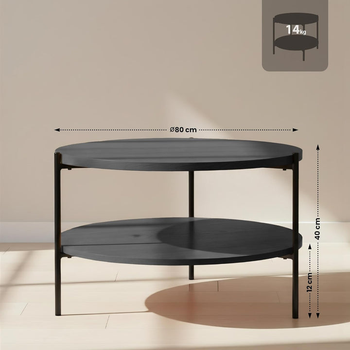 CLP Couchtisch rund Holz Edduma, Sofatisch 2 Ebenen mit Stauraum, Beistelltisch klein Metallgestell