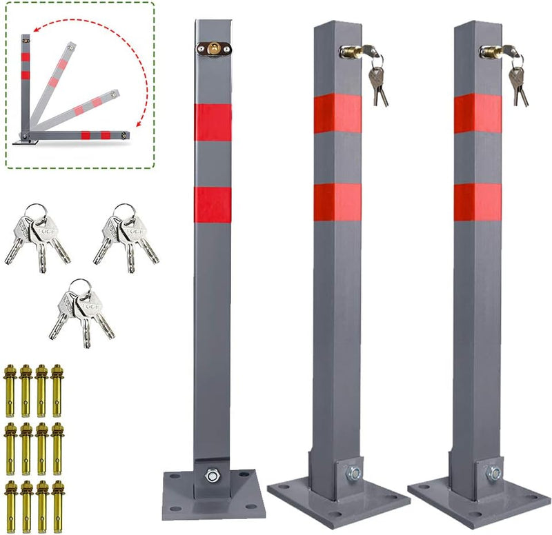 Ikodm 3x Parkpfosten klappbar Absperrpfosten mit 3 Schlüssel, Stahl Parkplatzsperre Parkplatzsperren