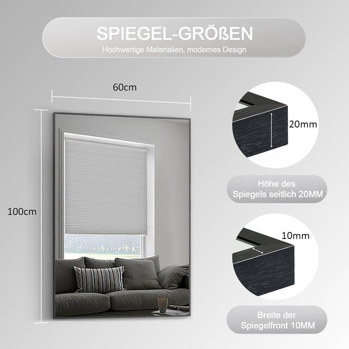 Goezes Schwarz Wandspiegel 60x100 cm Spiegel mit Metallrahmen, Rechteckig Dekorative HD Spiegel Bads