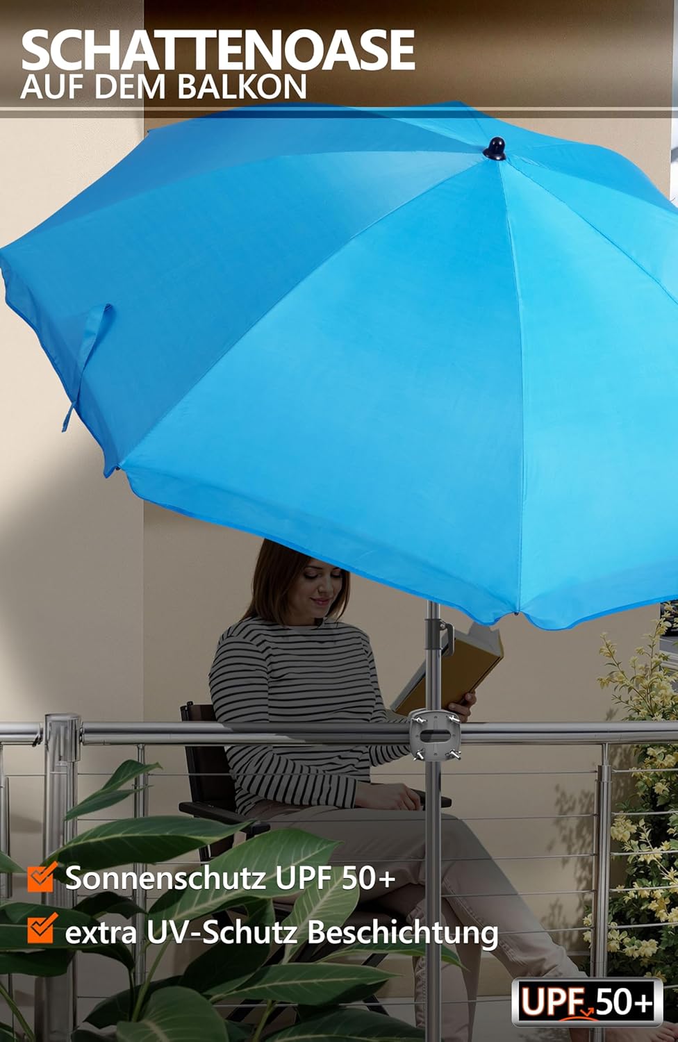 4smile Sonnenschirm Balkon SunnyJoy Ø 180 cm, 3-IN-1 Set - UPF 50+ Balkon Schirm + Sonnenschirmhalte
