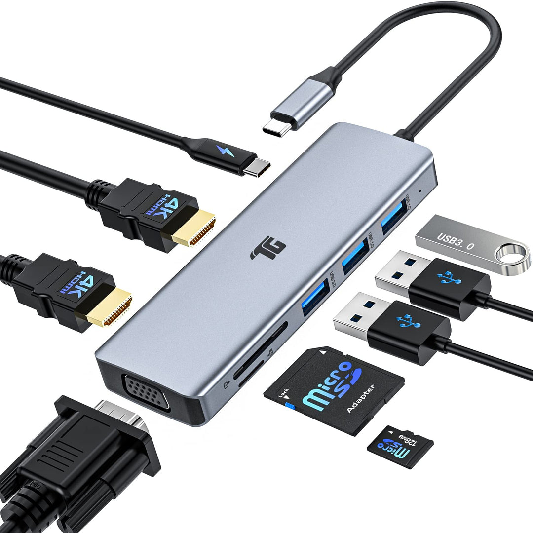 USB C Hub, USB C Adapter, Tiergrade 9 in 1 Triple Display Collage Display Typ C Adapter mit 2 4K HDM