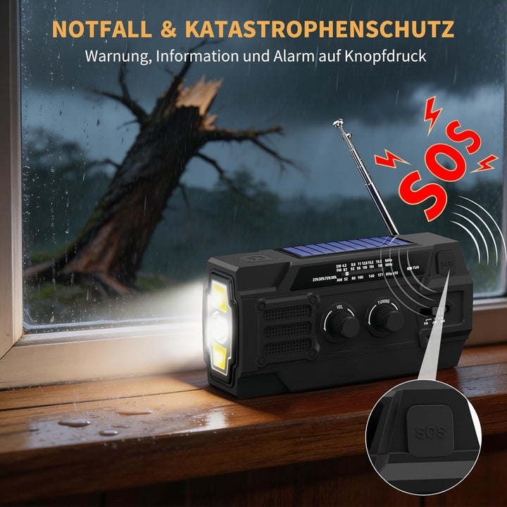 Kurbelradio 4000mAh Notfallradio mit Solar, Bewegungsempfindlicher Radio mit kurbel AM/FM/SW,LED-Tas