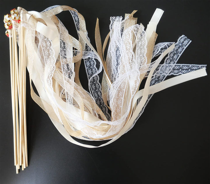 30x Wedding Wands Zauberstäbe mit Glocken,Spitzen Luftschlangen Seide Fee Stick,Lace Ivory Ribbon Wa