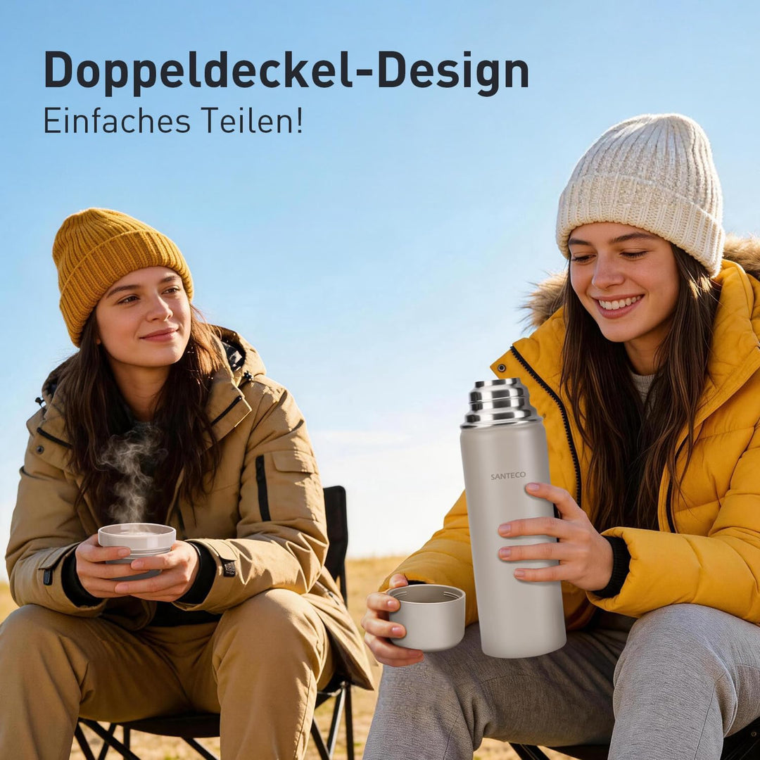 SANTECO Thermoskanne Thermosflasche Edelstahl 1l, 500ml, Auslaufsicher Isolierflasche mit Trinkbeche