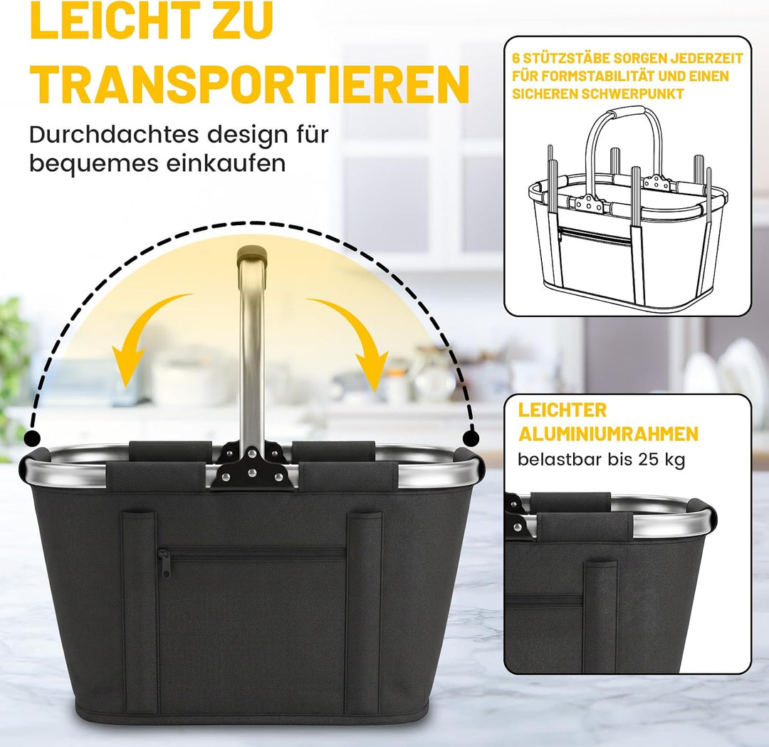 Einkaufskorb Faltbar 35L, Tragekorb aus 600D Oxford, 6 Stützstangen