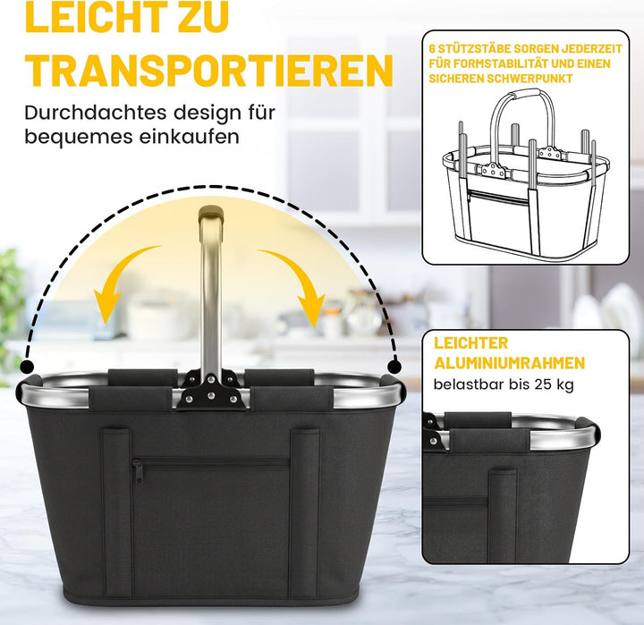 Einkaufskorb Faltbar 35L, Tragekorb aus 600D Oxford, 6 Stützstangen
