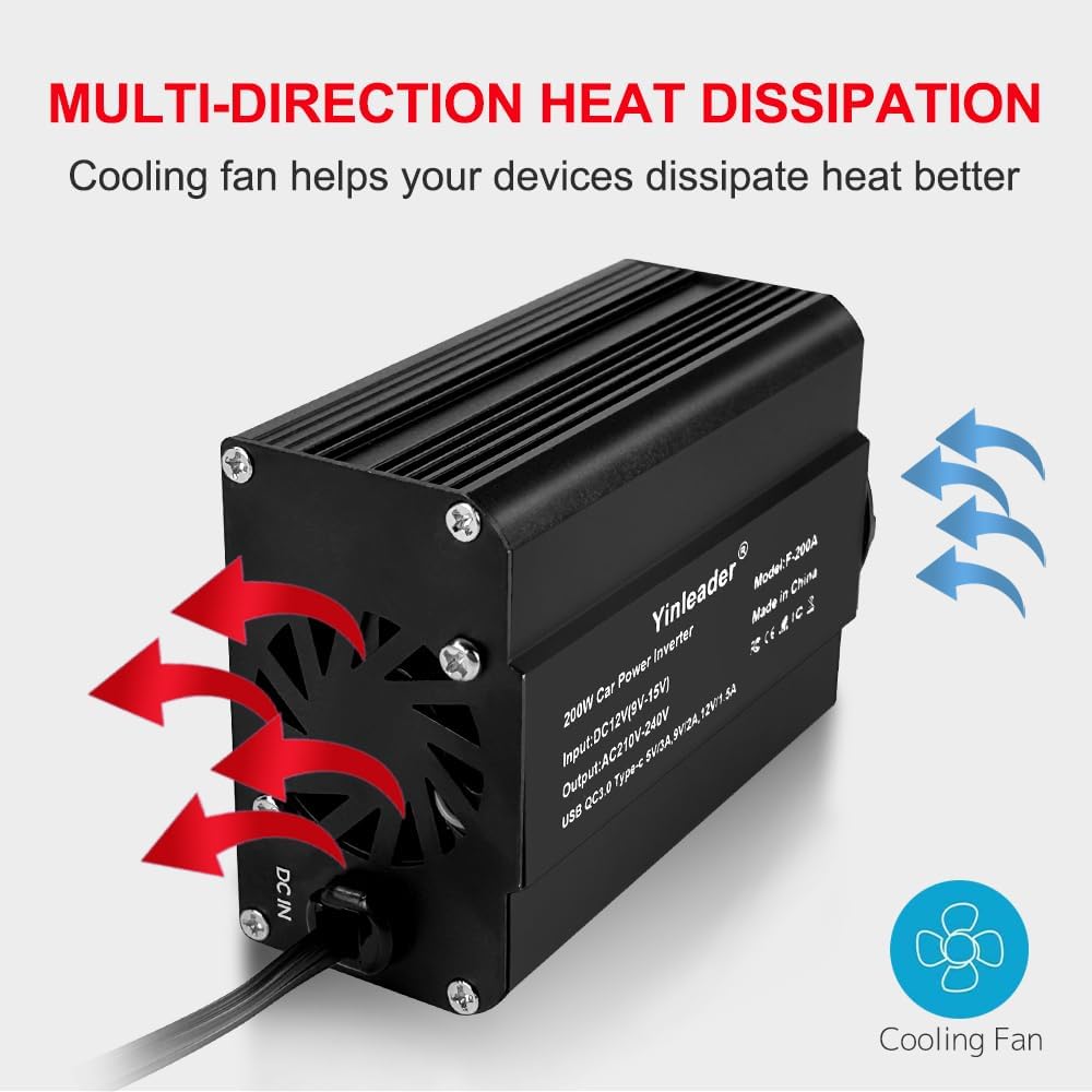 Yinleader 300W 12V auf 230V Wechselrichter 1 EU-Steckdosen und Typ-C PD&USB Q.C 3.0 mit Zigarettenan