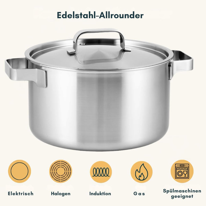 Sola Ruby Topfset 4-Teilig, Kochtopf set mit Deckel - 18/10 Hochglänzendem Edelstahl - Kochgeschirr