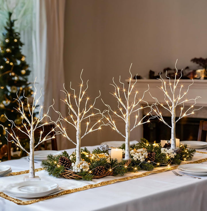 DELICHTER 4er Set Lichterbaum Lichterzweige für Innen 24 Warmweiss LEDs Bäumchen Birken Dekozweige B