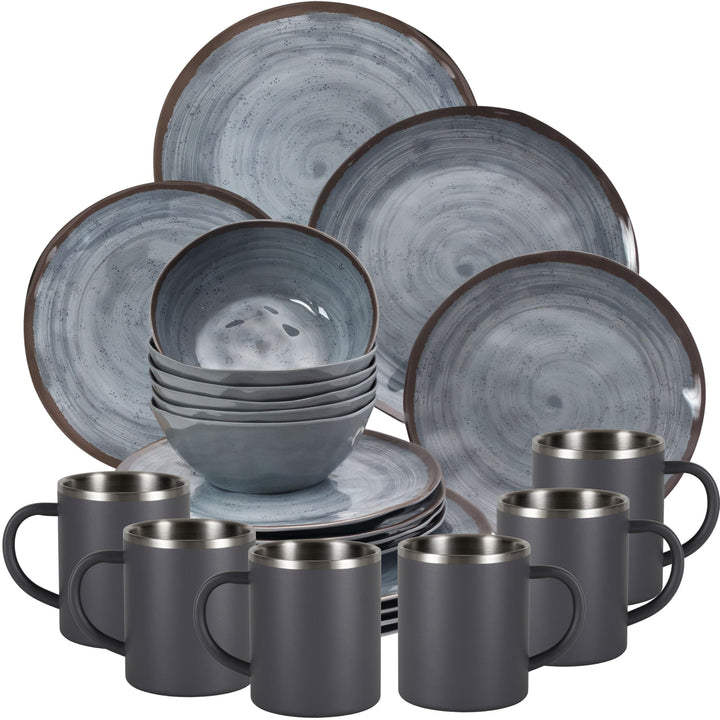 Melamin Geschirr Set Grau mit Edelstahl Thermo Tassen doppelwandig - Tonoptik Essgeschirr - Campingg