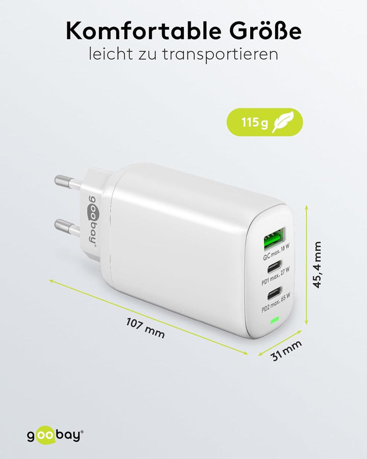 Goobay 61759 Multiport USB-C Ladegerät 65W / Schnellladegerät PD Universal/USB Netzteil Adapter/Lade