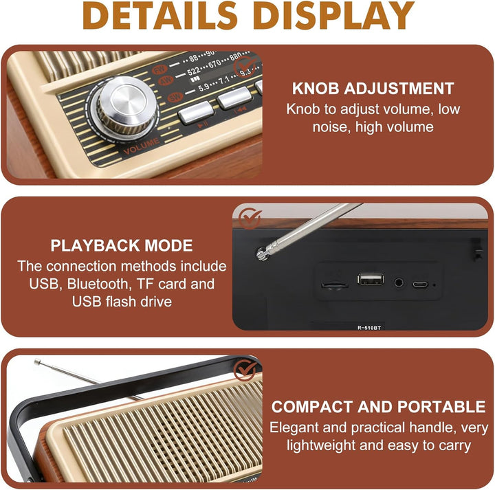 Retro Radio mit Bluetooth, Kofferradio Batteriebetrieben oder mit Stromkabel, Nostalgie Küchenradio