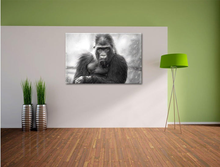 Pixxprint gelangweilter Gorilla Kunst Kohle Effekt, Format: 100x70 auf Leinwand, 100x70