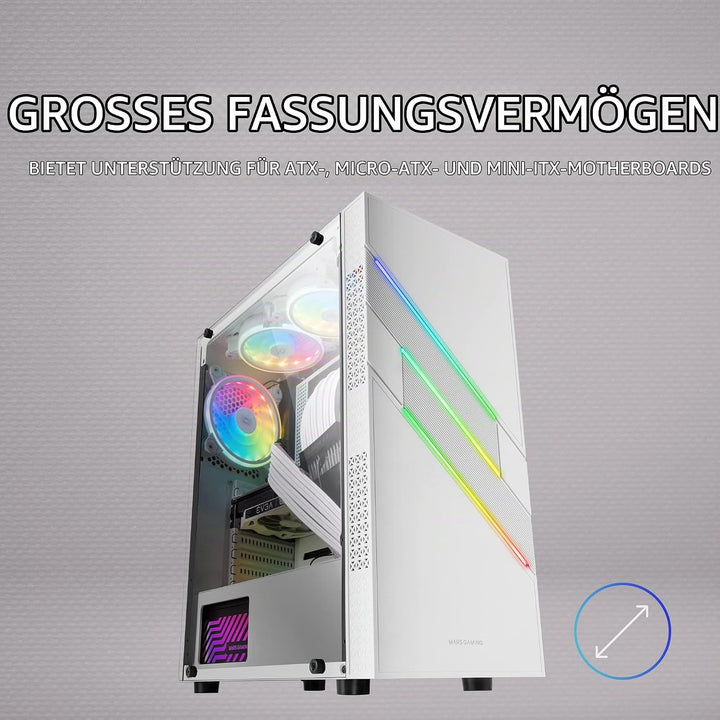 Mars Gaming MC-U3 Weiss, PC ATX XL Gehäuse, Front Triple ARGB, 12cm Lüfter, Gehärtetes Glasfenster,