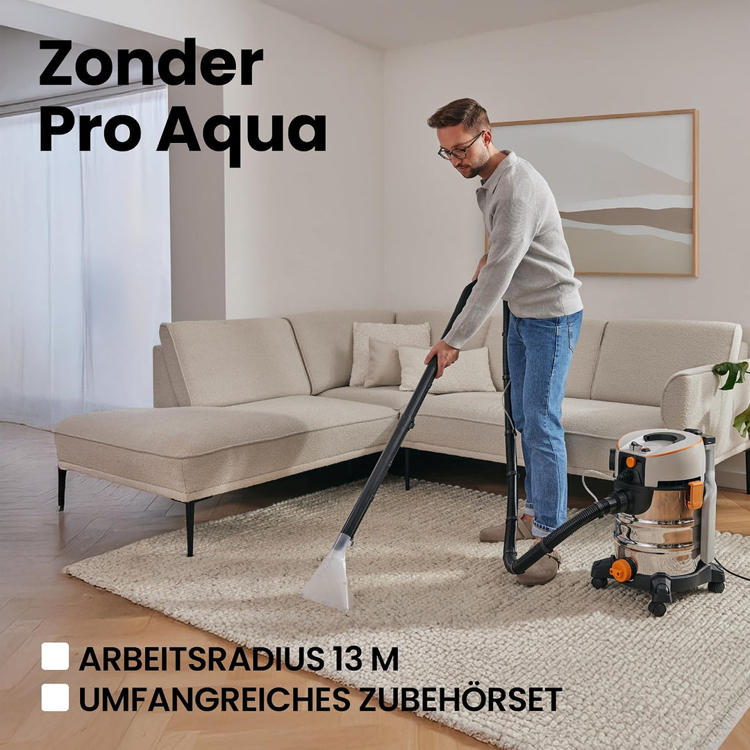 Zonder Pro AQUA Waschsauger – 1400W Nass- &amp; Trockensauger mit Sprühextraktion, 4L Frischwassertank,