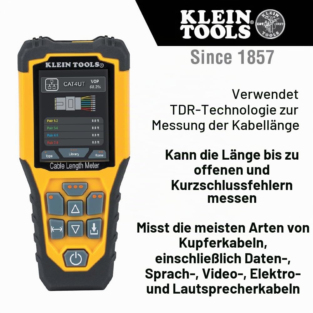 Klein Tools 501-915 Kabeltester TDR Kabellängenmesser misst Elektro-, Daten-, Zwei-Draht- und Romex-