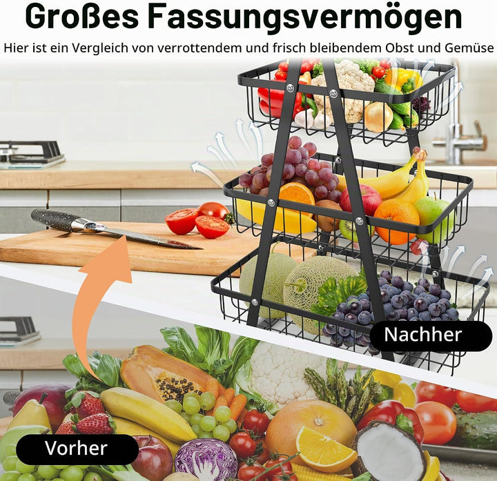 AufuN Obst Etagere, 3 Stöckig Obstkorb Rack Obstschale aus Metall, Abnehmbar Obst Halter Küche Ablag