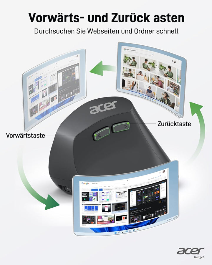 acer Ergonomische Maus Kabellos, Wiederaufladbare 2.4GHz Vertikale Maus mit 3 Einstellbaren DPI, 6 T