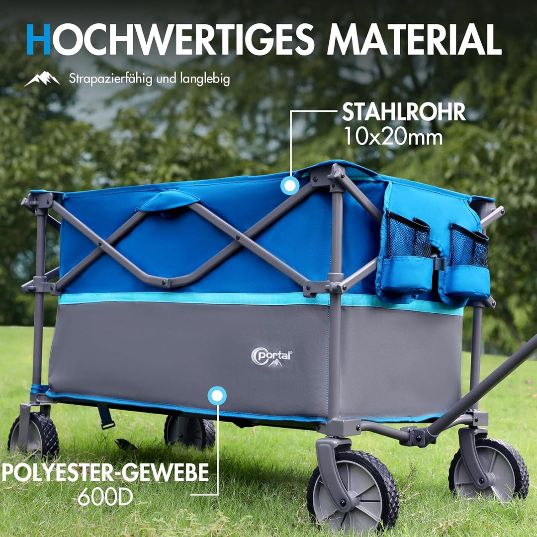 Portal Bollerwagen faltbar 225L XXL Grosse Ladefläche Handwagen mit Getränkehalter Seitentasche Tran