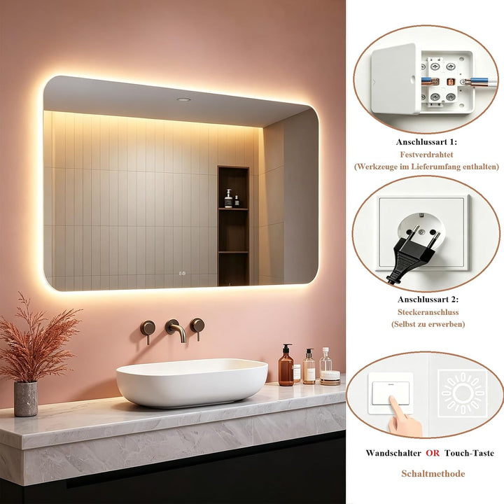 Badspiegel mit Beleuchtung, 120x60x3.5cm, Wandspiegel mit 3.5 cm kupferfreiem Glas, LED mit 3 Farben