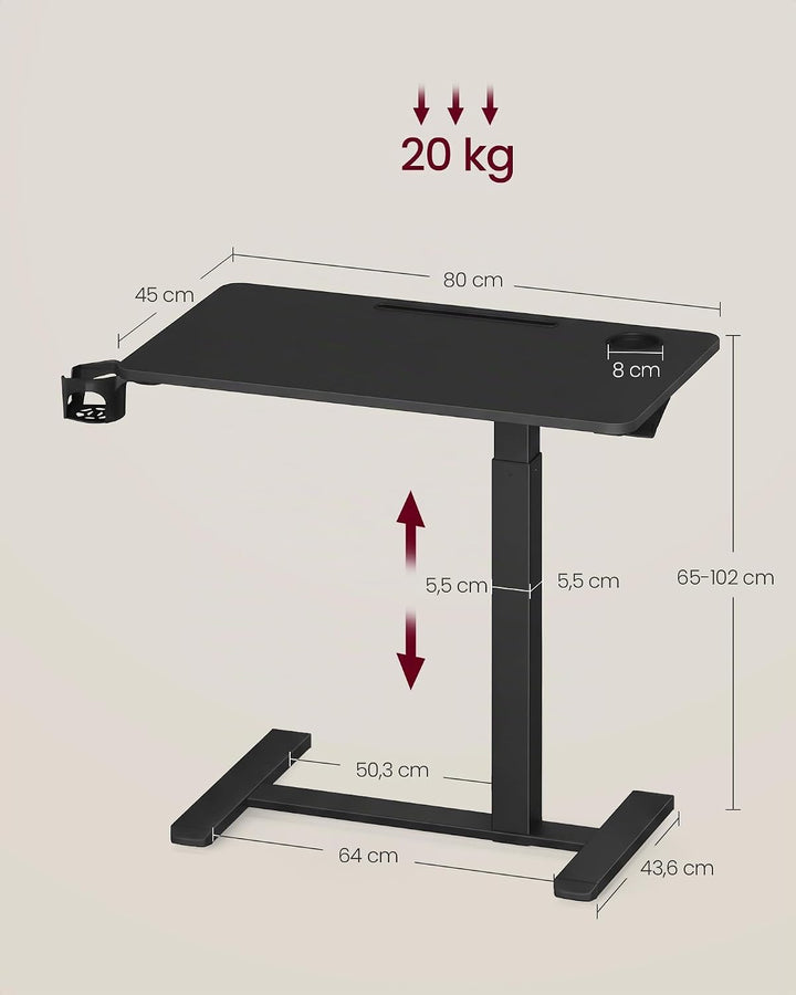 VASAGLE Beistelltisch mit Rollen, mobiler Stehtisch, 80 x 45 cm grosse Tischplatte, verstellbare Höh