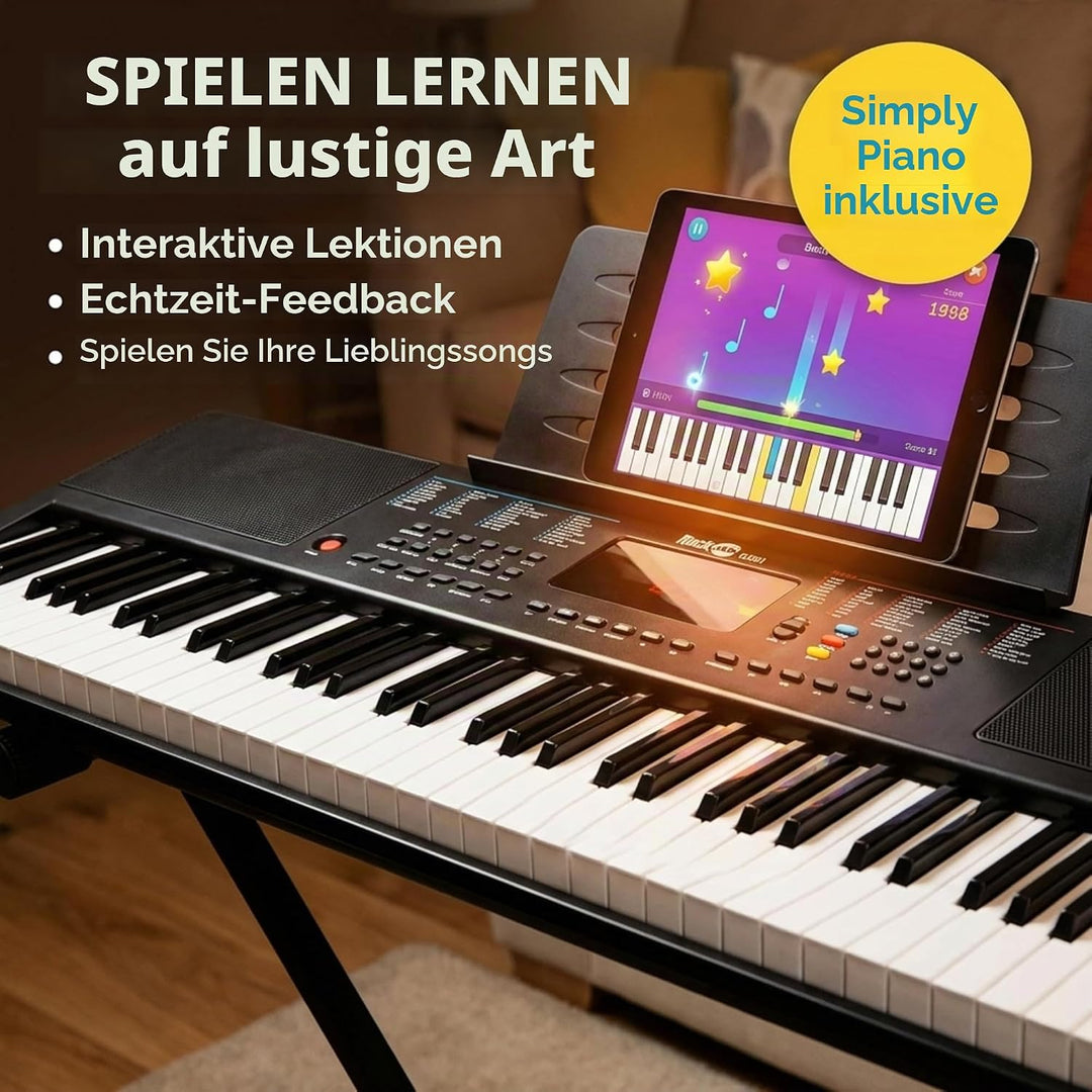 RockJam Compact 61 Key Keyboard with Sheet Music Stand, Power Supply, Piano Note Stickers & Simply P