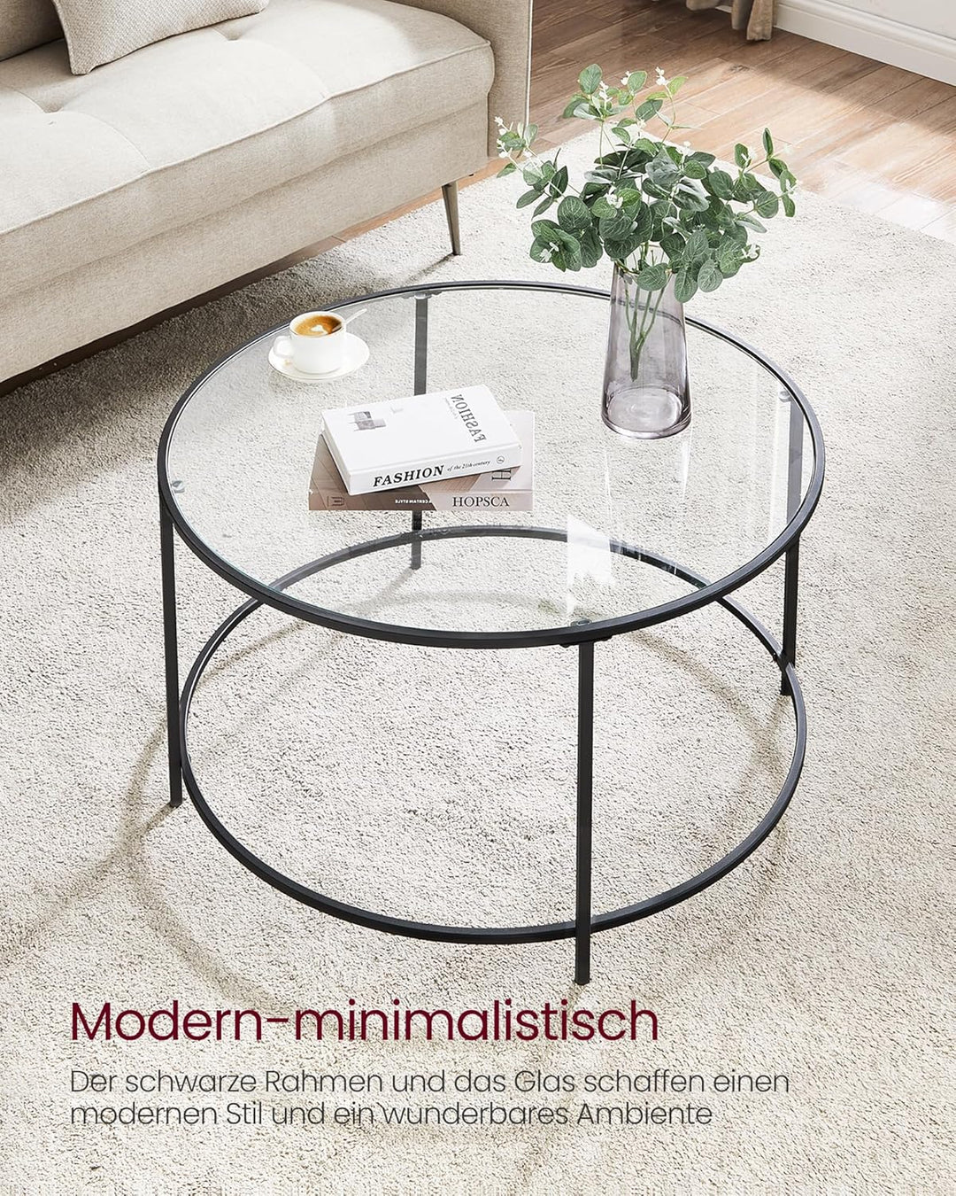 VASAGLE Runder Couchtisch, Ø 84 cm, Wohnzimmertisch mit Stahlgestell, Salontisch, Beistelltisch, sch