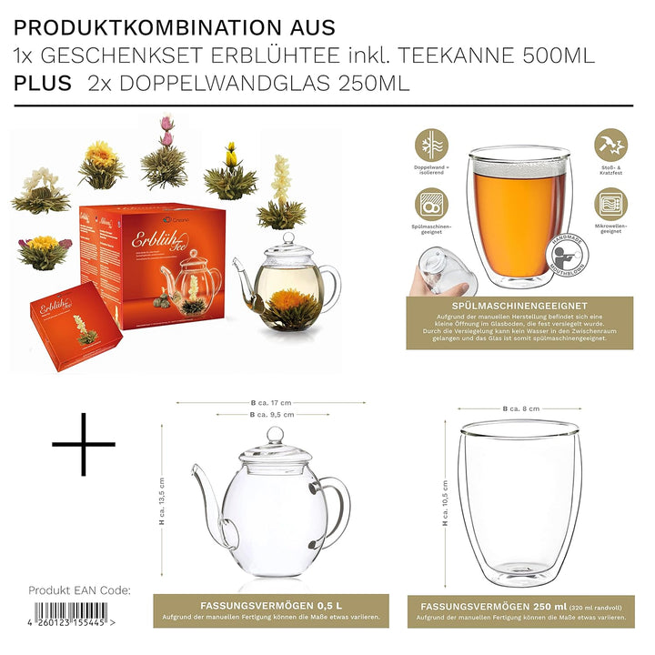 Creano Teeblumen Mix - Geschenkset Erblühtee mit Glaskanne & 2x 250ml Thermogläser - Weisser Tee (in