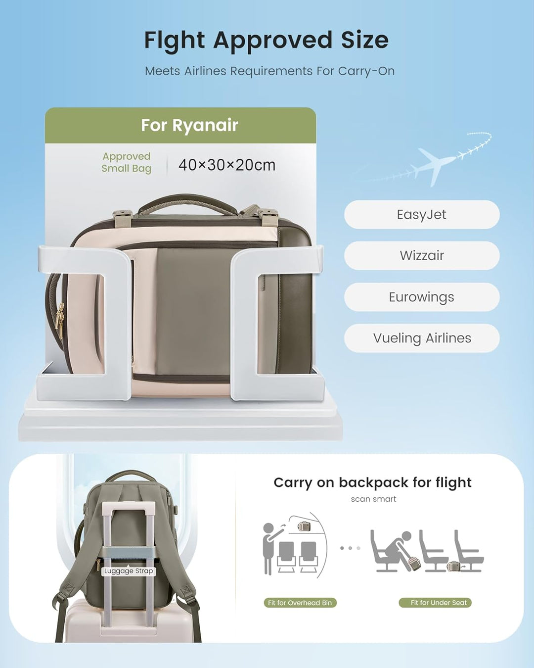 LOVEVOOK Ryanair Handgepäck 40x30x20, Handgepäck Rucksack Tasche, Reiserucksack Damen, Carry On Hand