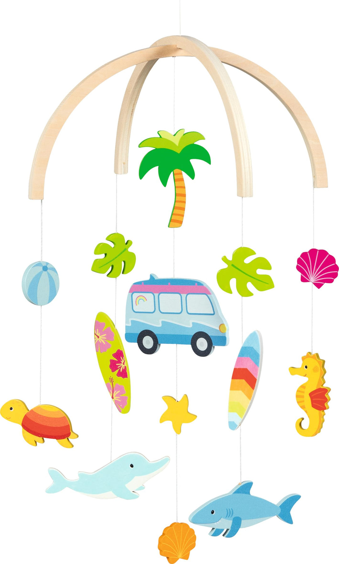 goki 52865 - Mobile Surfer Van aus Holz, beruhigendes Holz-Mobile mit niedlichen Figuren, Thema Meer