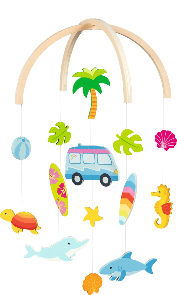 goki 52865 - Mobile Surfer Van aus Holz, beruhigendes Holz-Mobile mit niedlichen Figuren, Thema Meer