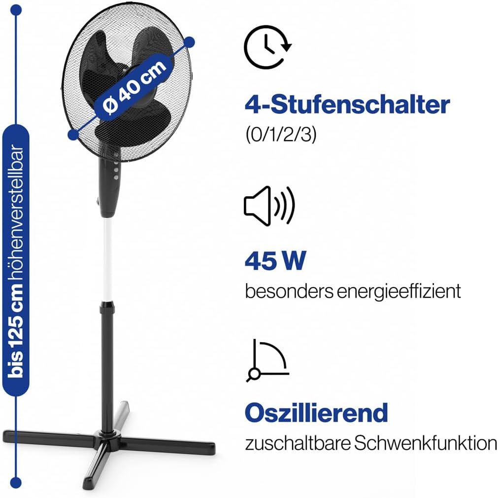 Clatronic Standventilator Ventilator Fan VL 3603 S; sehr leise; Durchmesser 40 cm; Oszillierend/Rota