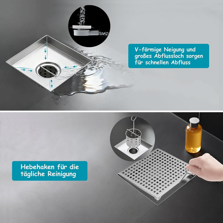20x20cm Bodenablauf mit 360° Siphon, Duschablauf mit Edelstahlsieb & Schnellentwässerung für Dusche,